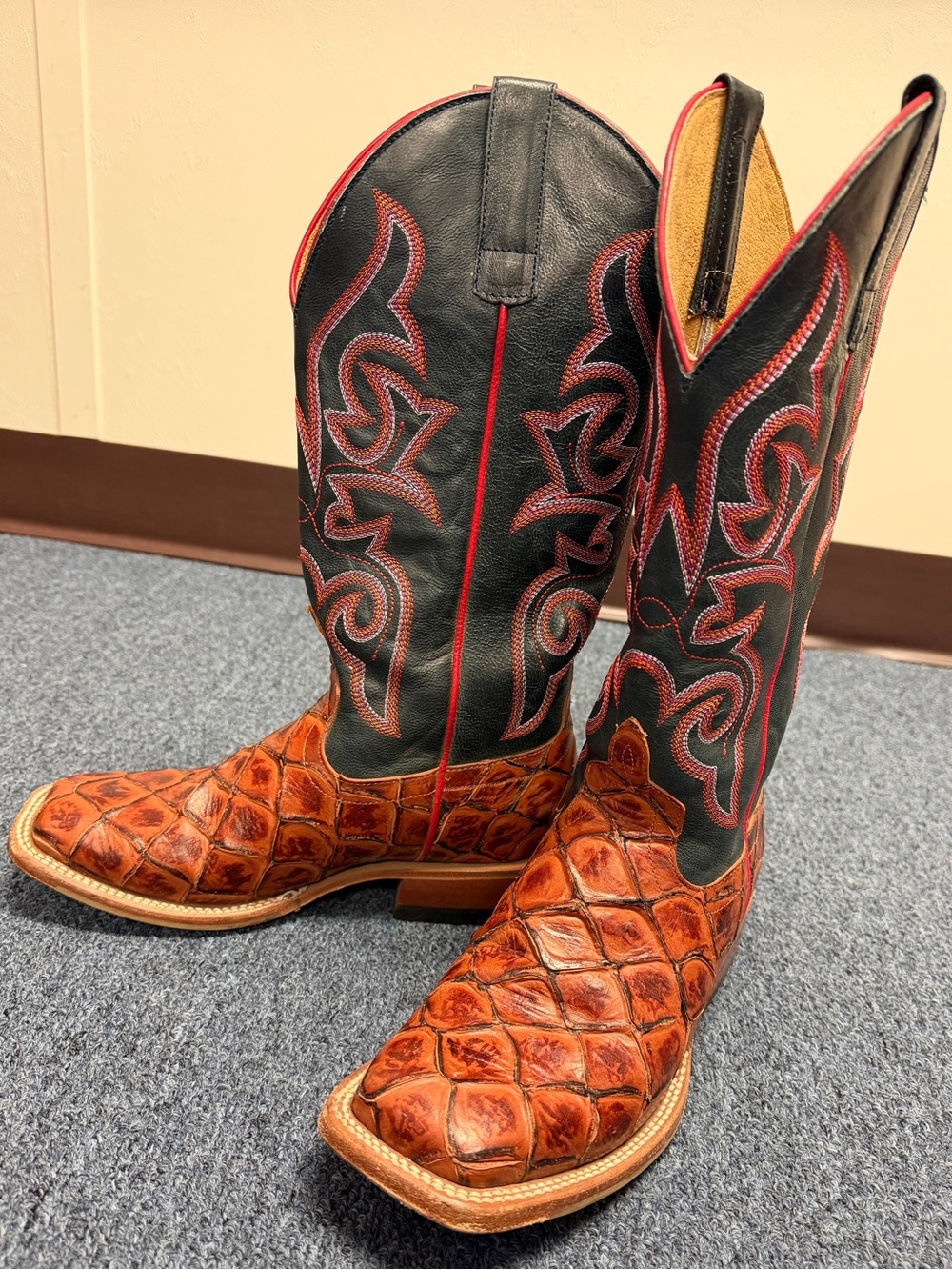 Macie Bean Black and Brown Embossed Exotic Leather Western Heeled Boots